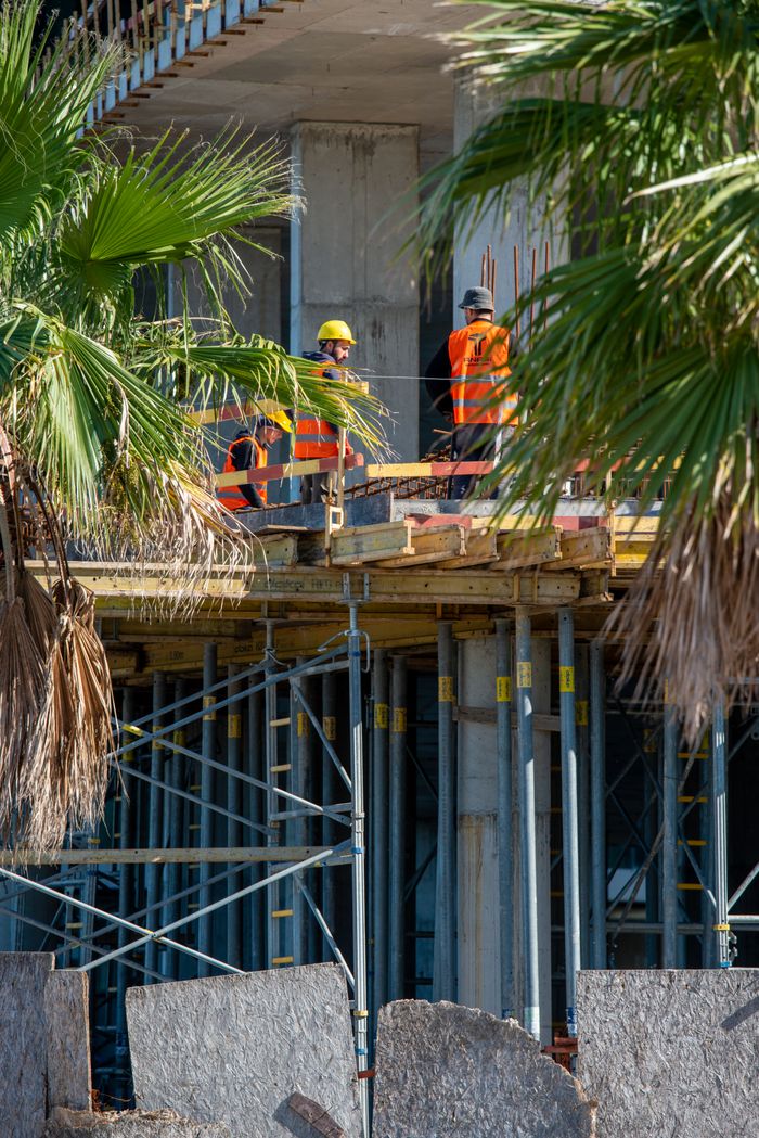 Construction workers in safety vests on scaffolding with palm trees in the foreground.
